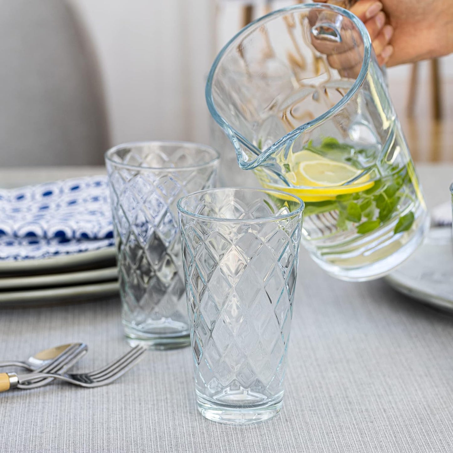 Trinkgläser Set Wassergläser Set Longdrink Dekorierte Gläser | 370 ml | Set von 12 | Highball Glas Wasserglas Saftglas Longdrinkbecher Longdrinkglas | Spülmaschinenfest Kollektion Lotte